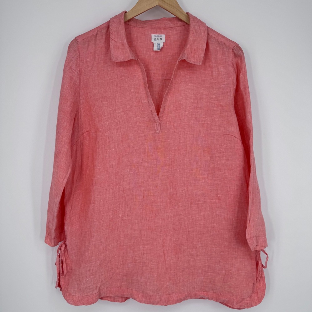 Sigrid Olsen Linen Tunic Womens M Pink Coral V-Neck 3/4 Sleeve Side Tie Boho